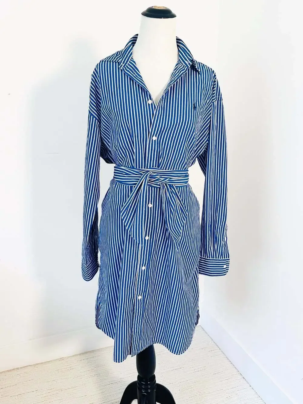 POLO RALPH LAUREN Belted Striped Shirt Dress Sz 12 Blue/White Long Sleeve Button